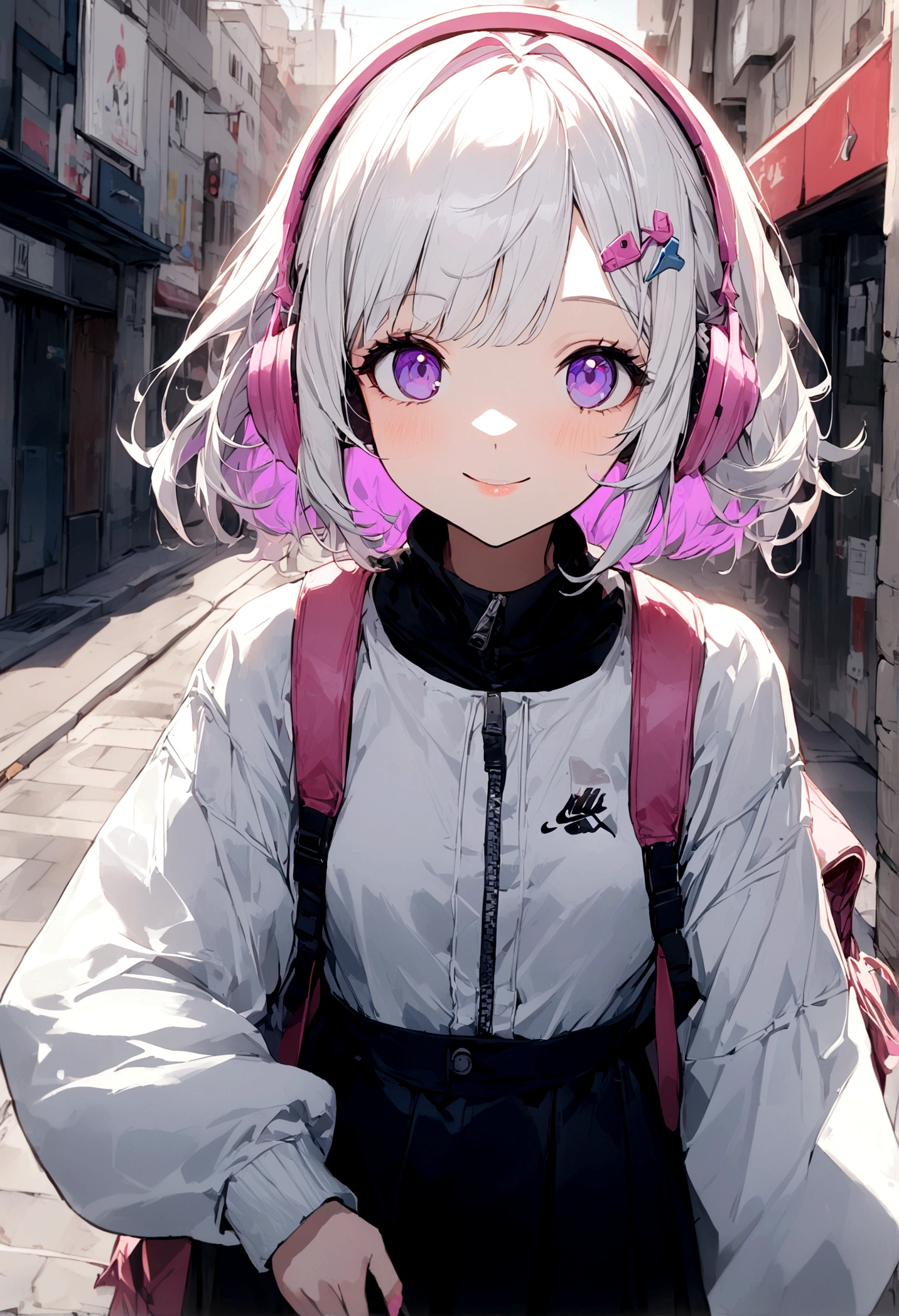 1girl, pink headphone over head, white hair,purple inner, purple eyes, bangs, short hair, front hair clips, left hairclips, white jacket, backpack, medium skirt, white Air jordan, street, sidewalk, smile, departed lips, beautiful, aesthetic, detailed, beautiful color amazing quality, best quality, high quality