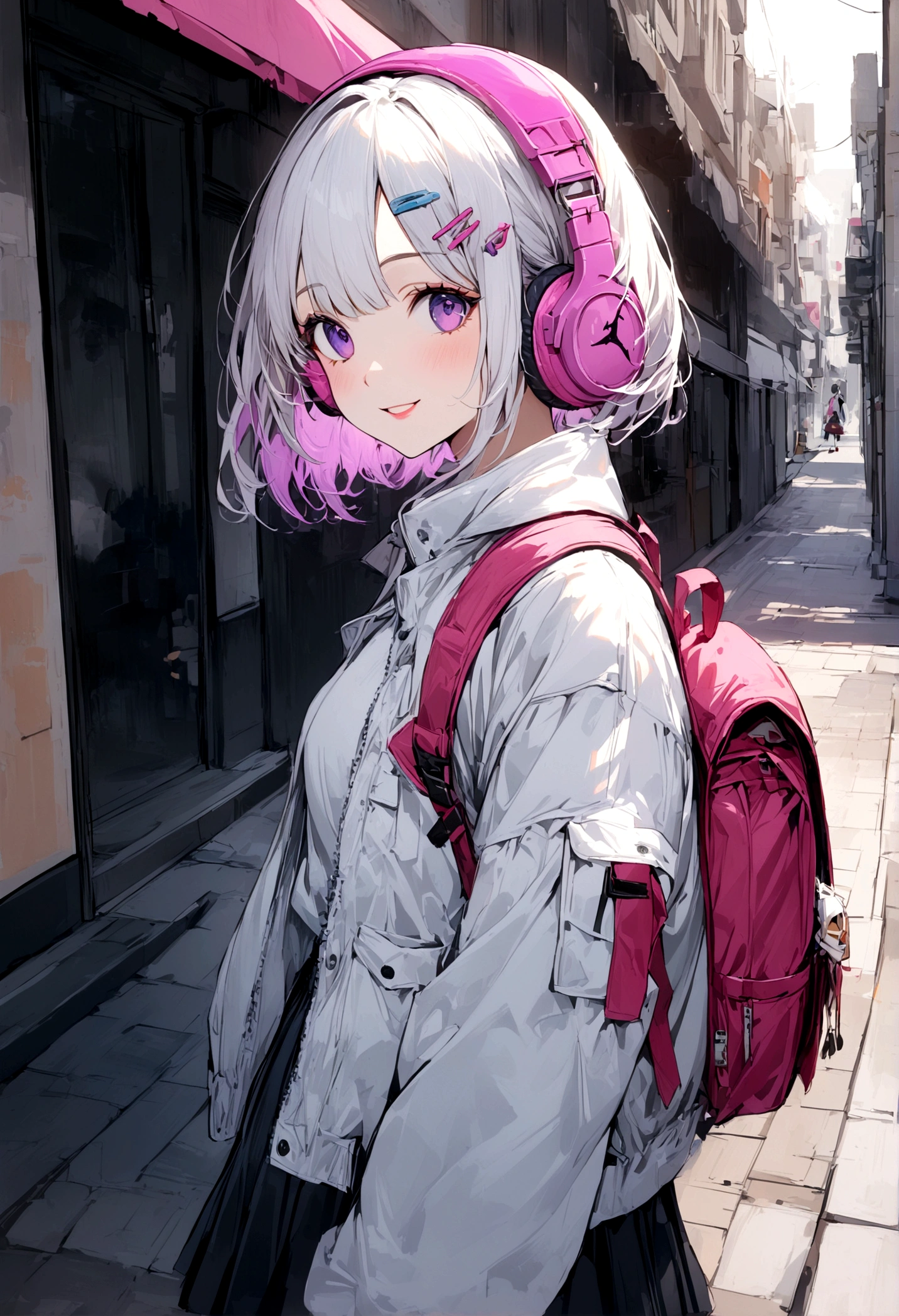 1girl, pink headphone over head, white hair,purple inner, purple eyes, bangs, short hair, front hair clips, left hairclips, white jacket, backpack, medium skirt, white Air jordan, street, sidewalk, smile, departed lips, beautiful, aesthetic, detailed, beautiful color amazing quality, best quality, high quality
