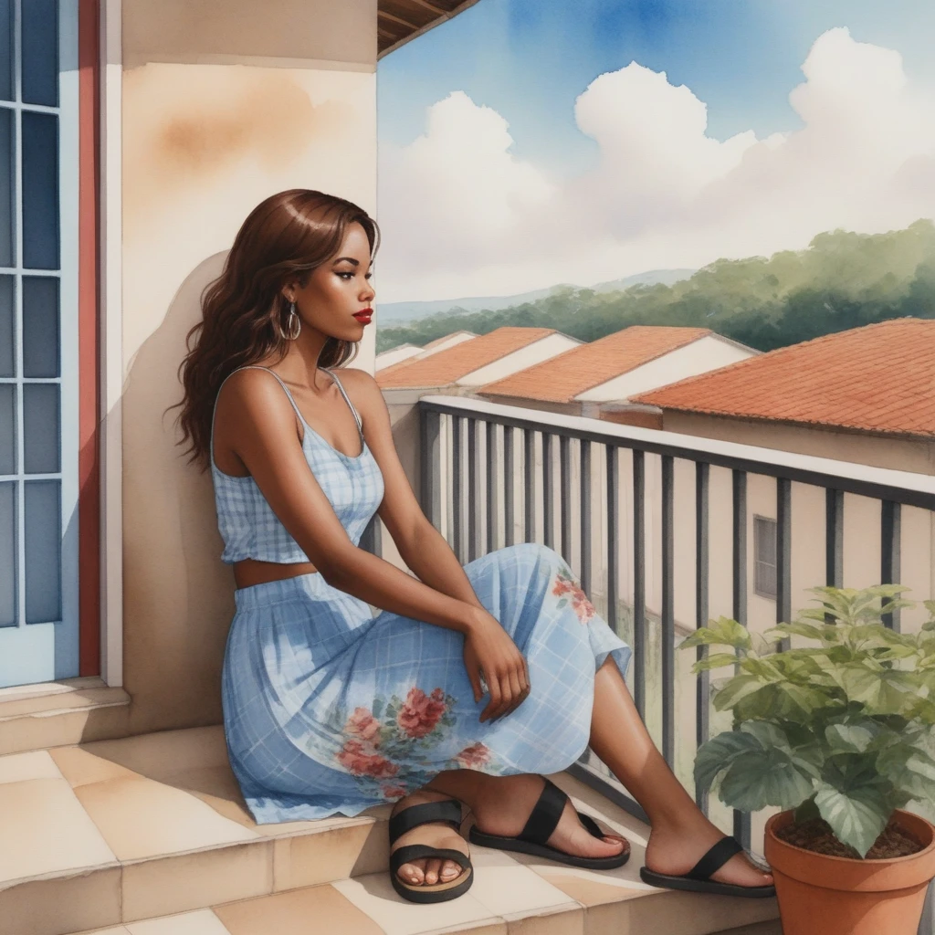 The watercolor, anime style, you asked for it, with the Brazilian woman of African ethnicity as the focal point of the scene. She sits with her back to us on a concrete porch, her arms resting on her knees and her straight brown hair falling around her shoulders. She wears a light blue blouse with thin straps and a floral skirt, her lips are a striking red and she wears black flip-flops. A brown plaid bag sits on the balcony, and the background has a beige wall with a window and potted plants by Daniela Uhlig