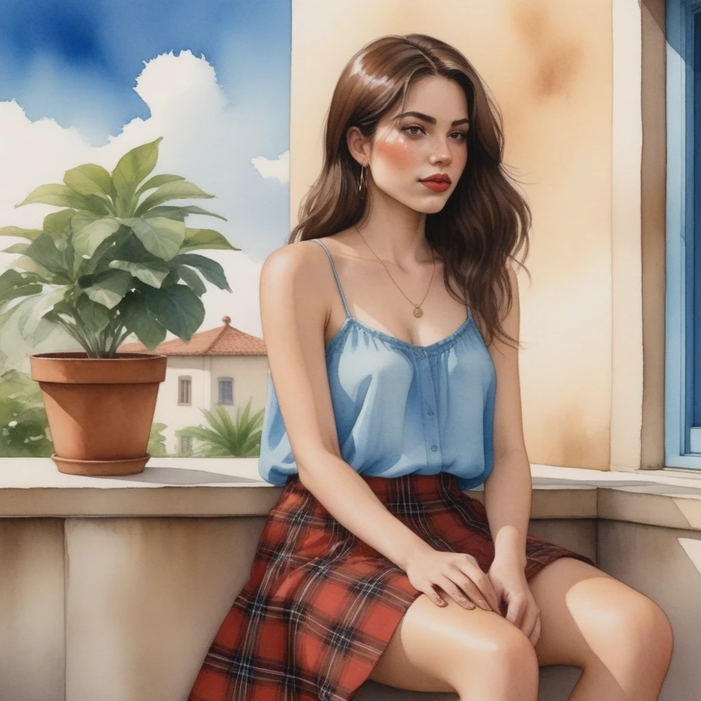 The watercolor, anime style, you asked for it, with the Brazilian woman of African ethnicity as the focal point of the scene. She sits with her back to us on a concrete porch, her arms resting on her knees and her straight brown hair falling around her shoulders. She wears a light blue blouse with thin straps and a floral skirt, her lips are a striking red and she wears black flip-flops. A brown plaid bag sits on the balcony, and the background has a beige wall with a window and potted plants by Daniela Uhlig