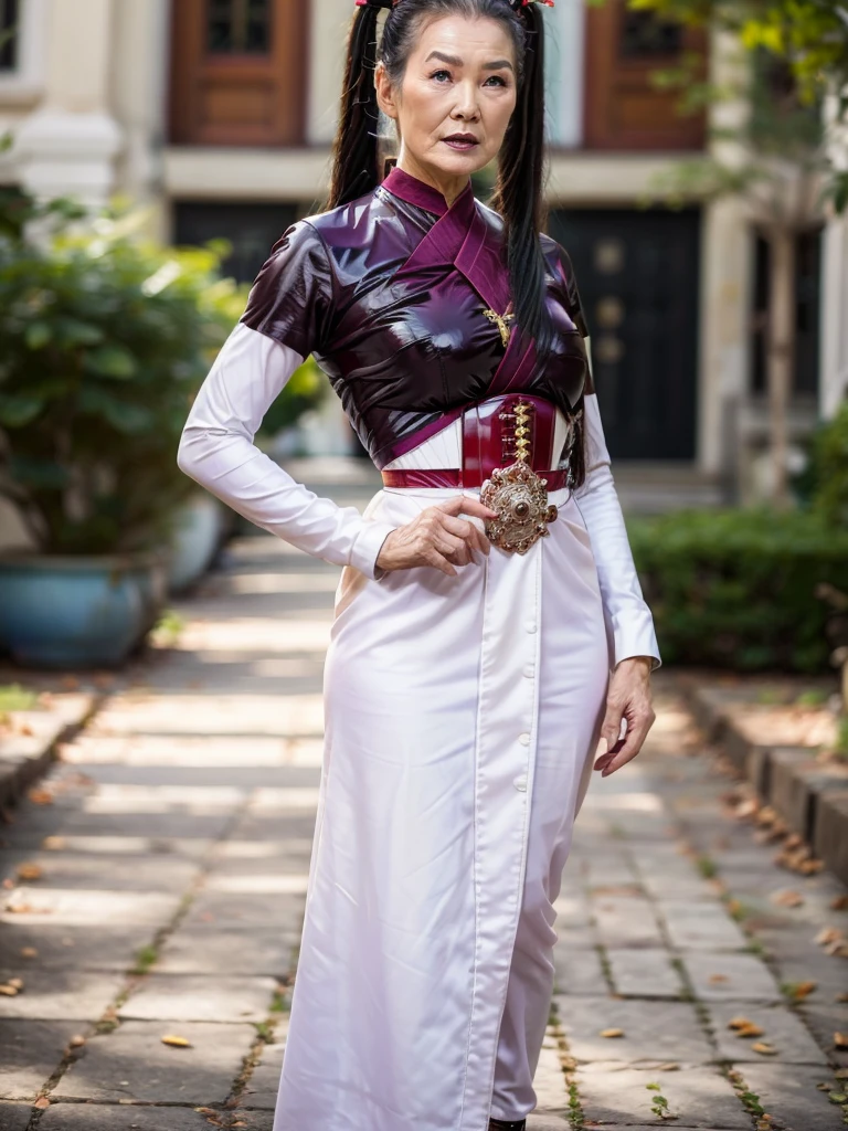 ((best quality)), ((Masterpiece)), (4k details), photorealism, full body, (((Old Asian woman))), ((Age 70)), tight red latex leggings, white cotton dress shirt, purple leather waist corset, Big muscles, Twintail hairstyle, Eyes on the camera,