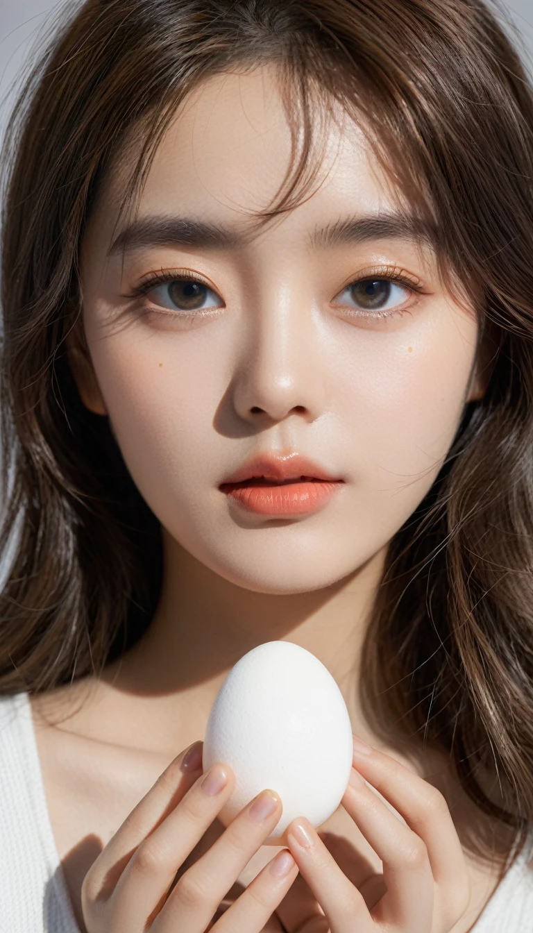 (8K, Human Development Report, high resolution), ((((photography, RAW photos, Surrealism, masterpiece, best quality, ultra high resolution)))), (Point light, Backlight, Backlight, light), Clear focus:1. 4, (Ultra Detail, Meticulous attention to detail), face close up, close up,, 1 Girl, Egg-Shaped Face,Cat's Eye, Small, plump lips, Cute straight nose, Slightly red cheekbones, Thick eyebrows and long, beautiful eyelashes.