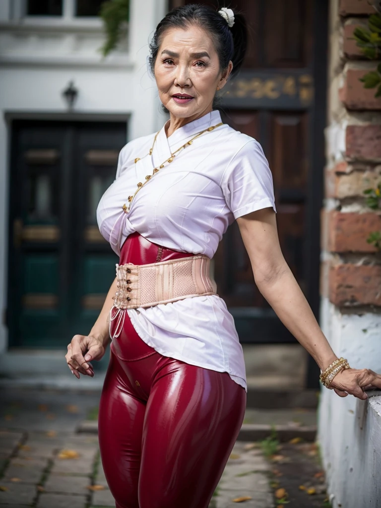 ((best quality)), ((Masterpiece)), (4k details), photorealism, full body, (((Old Asian woman))), ((Age 70)), tight red latex leggings, white cotton dress shirt, purple leather waist corset, Big muscles, Twintail hairstyle, Eyes on the camera,