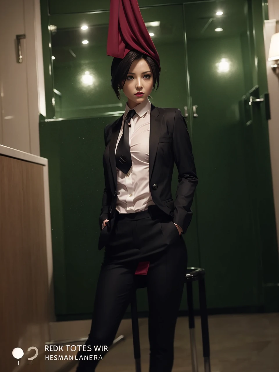 Resident Evil 4, Ada Wong, 1girl, makeup, silky hair, fully clothed, skirt suit, suit and tie, (((three-piece suit))), dress shirt, shirt and tie, necktie, ((blazer)), ((suit jacket)) ((waistcoat)), bodycon miniskirt, pantyhose, tights, stockings, red lipstick, pinstripe suit, high heels, belt, tie clip, pocket square, tailored suit