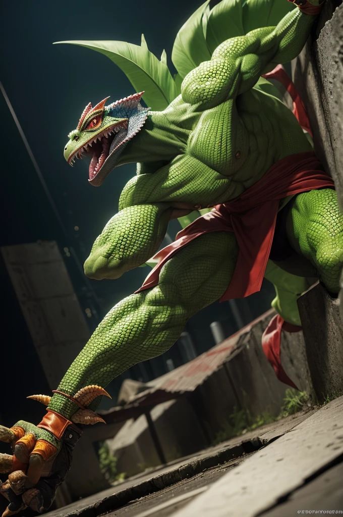 Gere uma imagem fotorrealista de Busuzima, o personagem de Bloody Roar. He is an anthropomorphic chameleon with scaly green skin, yellow eyes and a long forked tongue. he is in a battle pose, with clenched fists and tense muscles. The background should be a dark and gloomy urban setting.