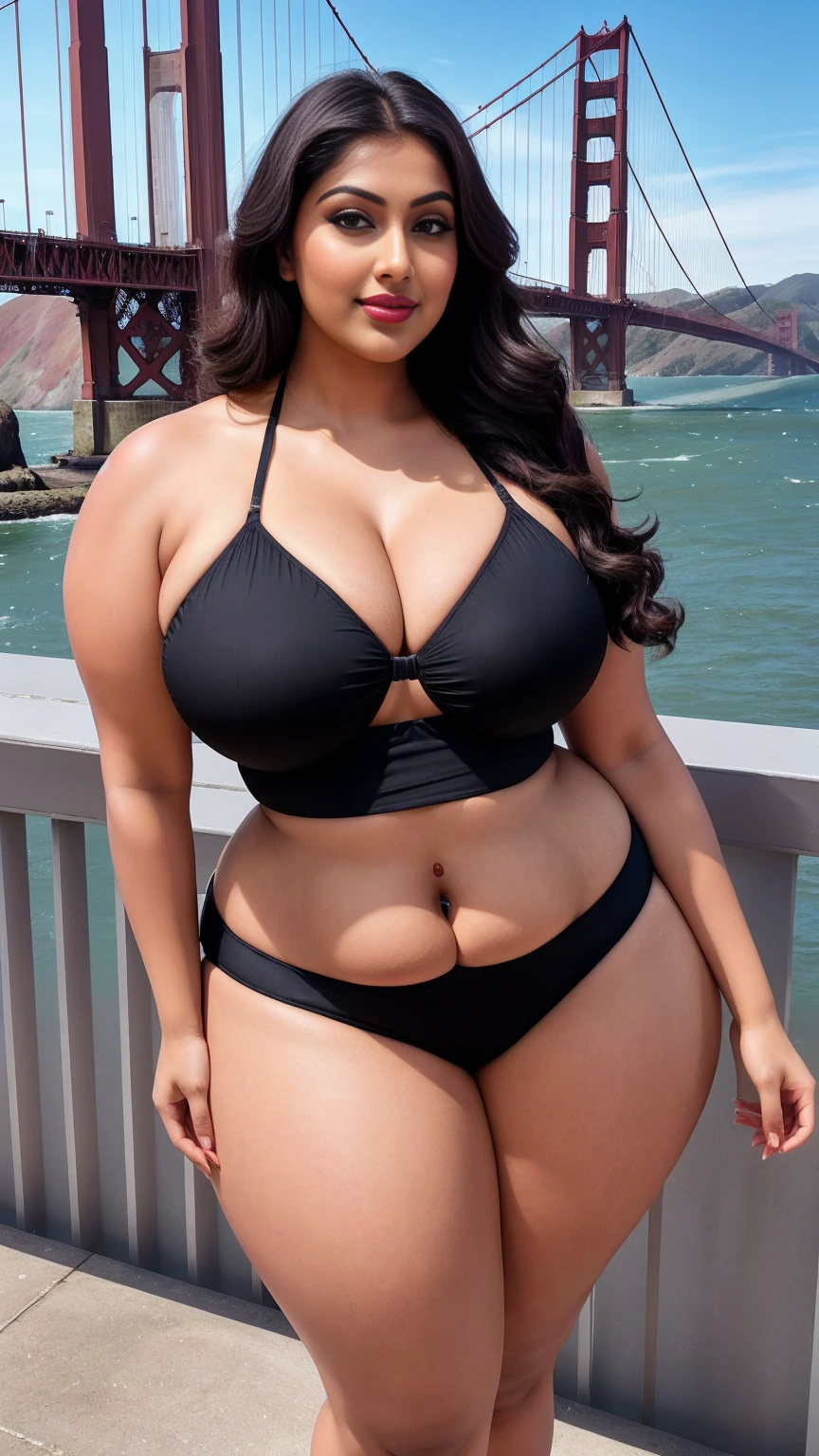 Indian gorgeous curvy plus size actress madhubala, glowing eyes, wearing SHEIN Swim Colour Block Smocked Halter Triangle Bikini Swimsuit Color: Multicolor , parted lips, bulki huge figure, thick thighs, bigger waist, busty, curvy plus size body, full body, full body shot, head to toe view, hourglass body, curvy plus size body, smile face, elegant standing position, bigger waist, busty, big hips, fleshy thighs, thick thighs, busty, full body view, Golden Gate Bridge, USA: Iconic suspension bridge with scenic views of San Francisco Bay.