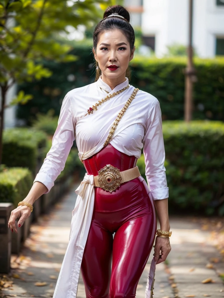 ((best quality)), ((Masterpiece)), (4k details), photorealism, full body, (((Old Asian woman))), ((Age 70)), tight red latex leggings, white cotton dress shirt, purple leather waist corset, Big muscles, Twintail hairstyle, Eyes on the camera, red lips"