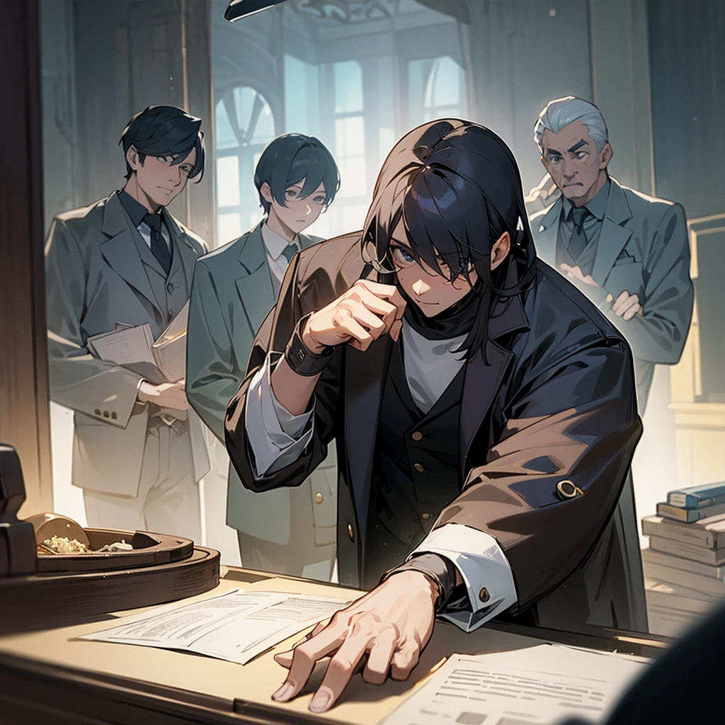 "Hola, Could you create an image of four characters solving a mystery together? Quisiera que se vea un detective liderando el grupo, una experta forense analizando evidencias, a hacker collecting information and a strong and reliable male character contributing his protective presence. I would love for them to be in an intriguing scene that reflects their teamwork to solve mysterious cases.."