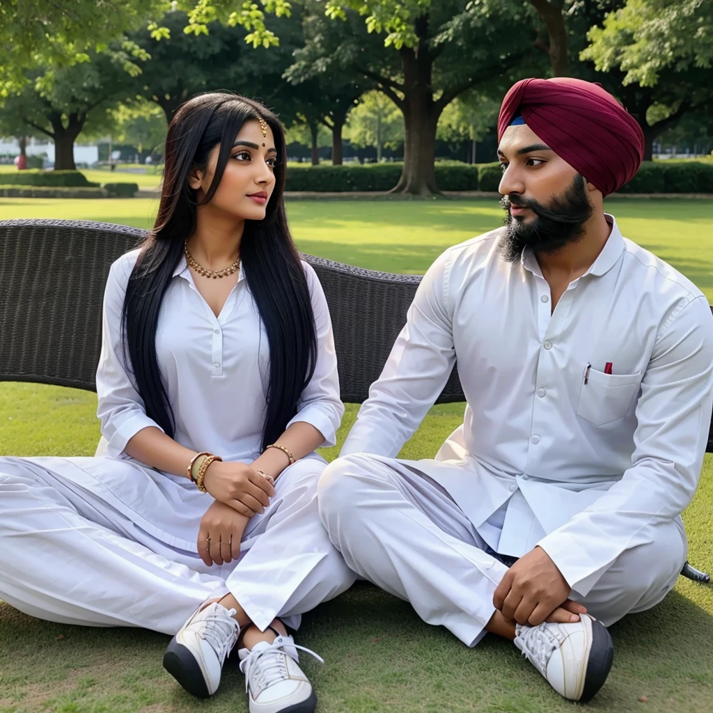 Sikh Punjabi couple sitting on the park and watching on sky 4k