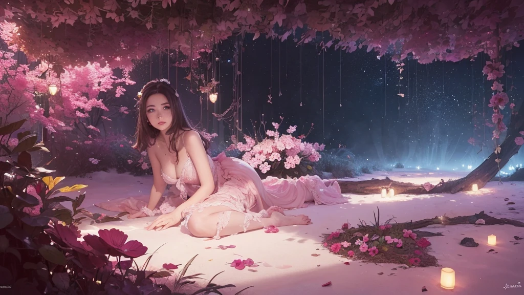 32k, Masterpiece, Highest quality, One girl, Detailed eyes, flower,Sandersonia, Pink and brown style,A dreamy, romantic piece,Pale pink, Mysterious Leaves,A playful arrangement,Fantasy,High Contrast,Ink strokes,explosion,Exposure, Impression of pink and brown tones,Abstract,((Watercolours by John Berkey and Jeremy Mann )) Brush strokes,Negative Space, Tyndall effect,