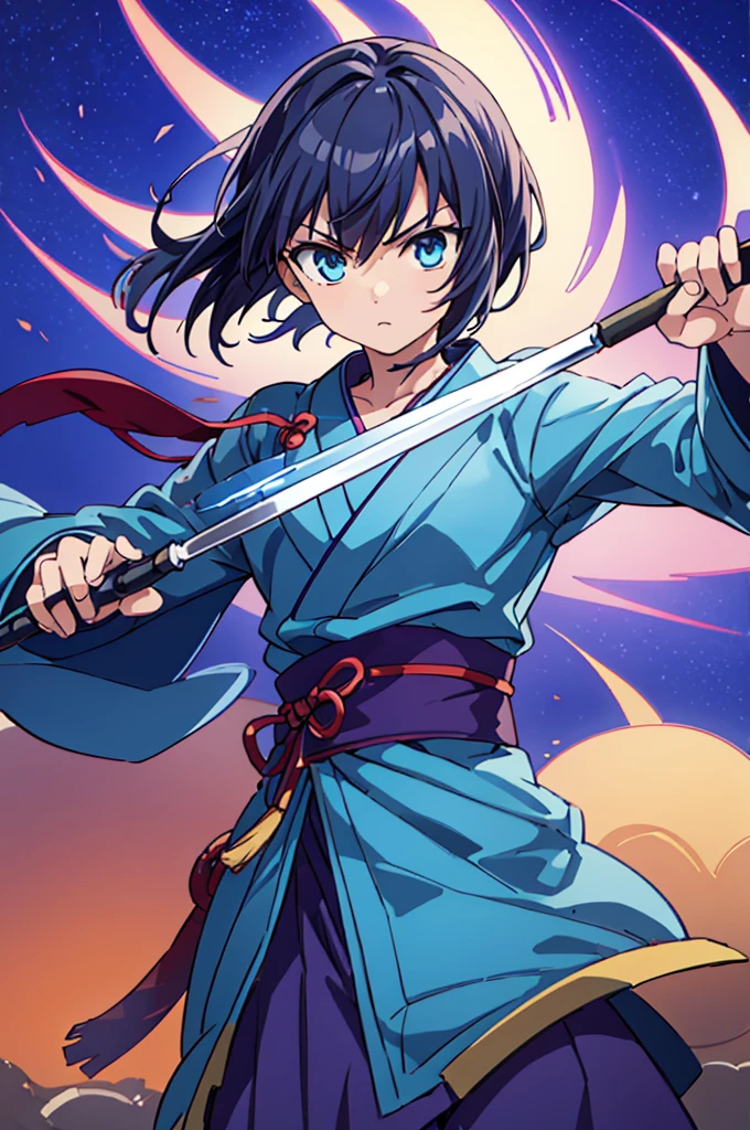 Highest quality, masterpiece, High resolution, alone, （Rurouni Kenshin: Saito Hajime），Glaring Eyes，（spear) ，Spear Thrust，kimono，（Spear pose），（Jinhaori），Evening sky_background，Young Girl，Anime Style, Highest quality, 4k, masterpiece,， alone, 1,whole body，looking at the camera, Shinkai Makoto style, （light blue_coat）Sharp Eyes，Low posture，（(spear‗pose)) ，（Full Finger）, （Accurate fingertips）, （The finer details）, （Anatomically correct）, (映画のbackground), Hyper Detail, (Subtle details), (Intricate details),