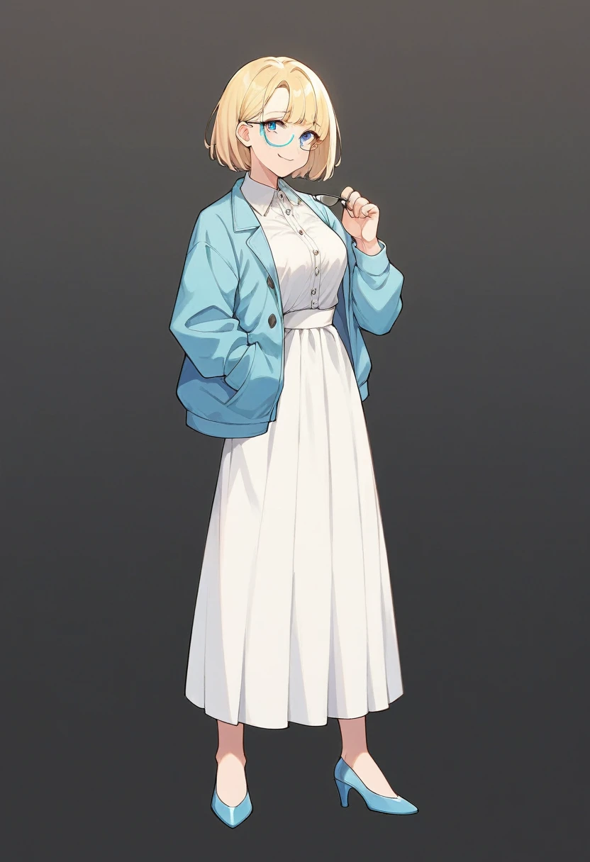 beautiful woman, beautiful face, solo, full body, standing, medium bob cut blonde hair, light blue eyes, two points glasses, medium breasts, blue opened short jacket, white blouse, white long pleats skirt, blue high heels, soft smile, pinch one's glasses, perfect hands and perfect fingers, black background, no background, pastel 2d art, matte painting, anime, masterpiece 