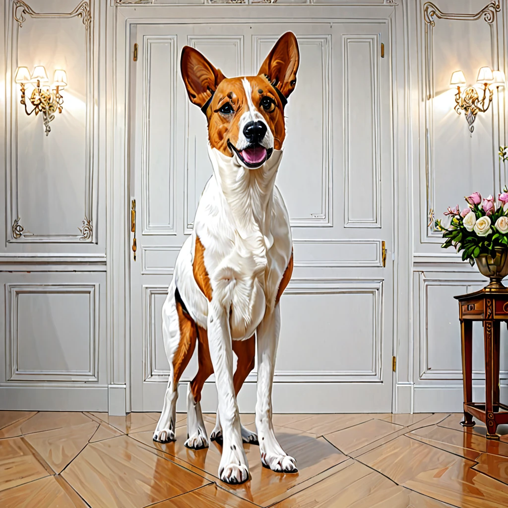 there is a drawing of a dog standing in a room, an illustration of by Thomas Dalziel, shutterstock contest winner, art nouveau, digital art of an elegant, anthropomorphic dog, hypperrealistic illustration, regal pose, a painting of white silver, dignified aristocrat, a hyper realistic, royal elegant pose, beautiful painting of a tall