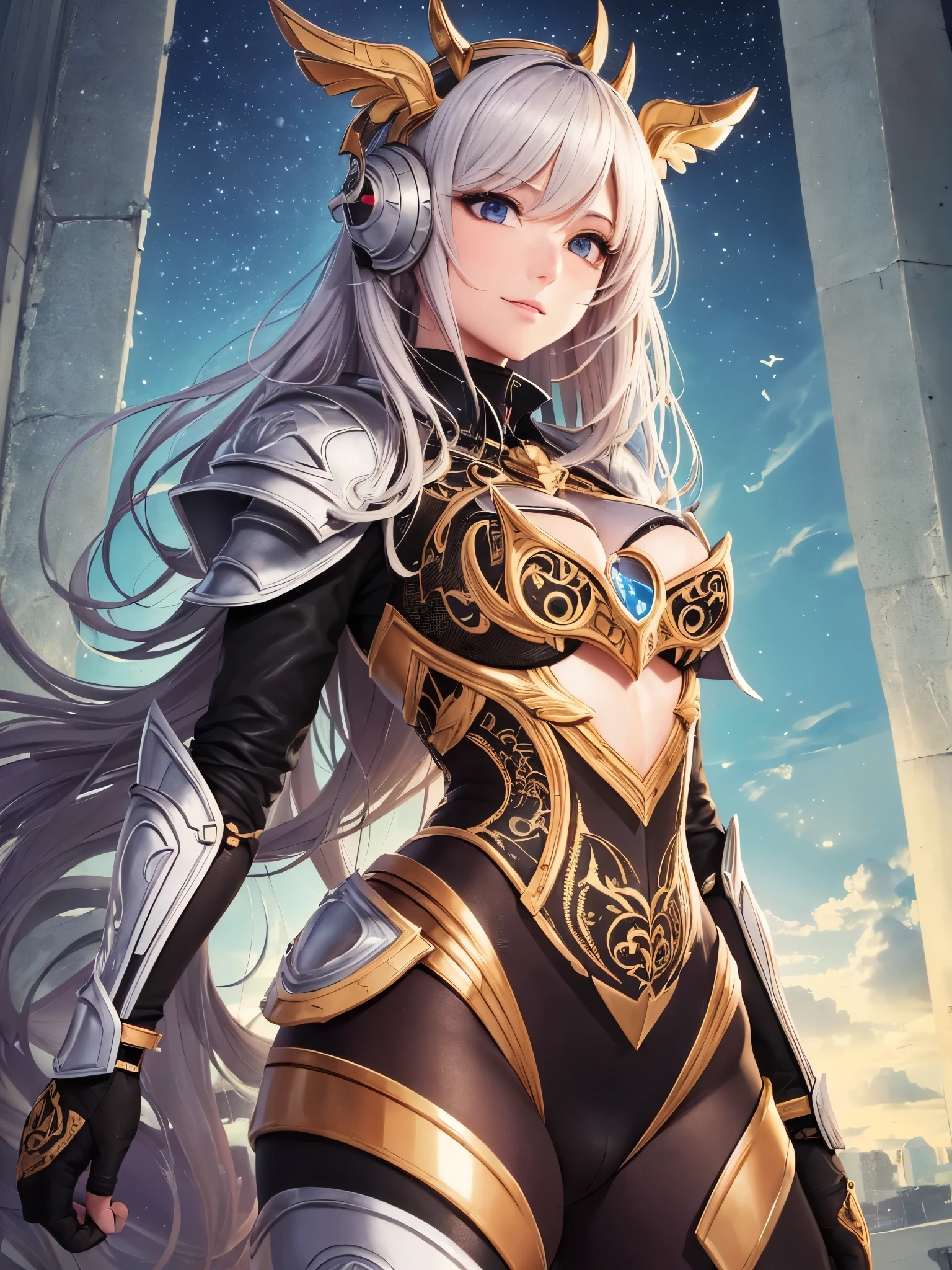 ((Highest quality)),(Ultra-high resolution),(Very detailed),(Detailed Description),((The best CG)),(A masterpiece),Ultra-detailed art,Amazing painting art,(Art with precise detail:1.5), (Woman in a bodysuit:1.6),(Chest armor that fits the chest:1.6),(protector:1.4)