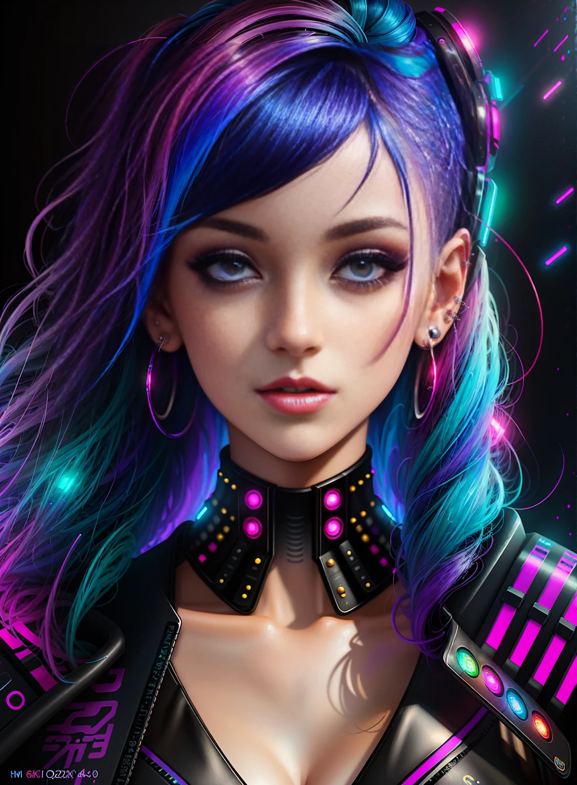 ((best quality)), ((masterpiece)), ((realistic)), (detailed), (1 girl) full body woman with colorful hair and piercings, dreamy cyberpunk girl, 4K high-detail digital art, stunning digital illustration, stunning 8K artwork, colorful digital fantasy art, colorful and dark, beautiful digital artwork, colorful digital painting, cyberpunk digital anime art, girl with luminous wave, 8K HD digital wallpaper art, gorgeous digital painting