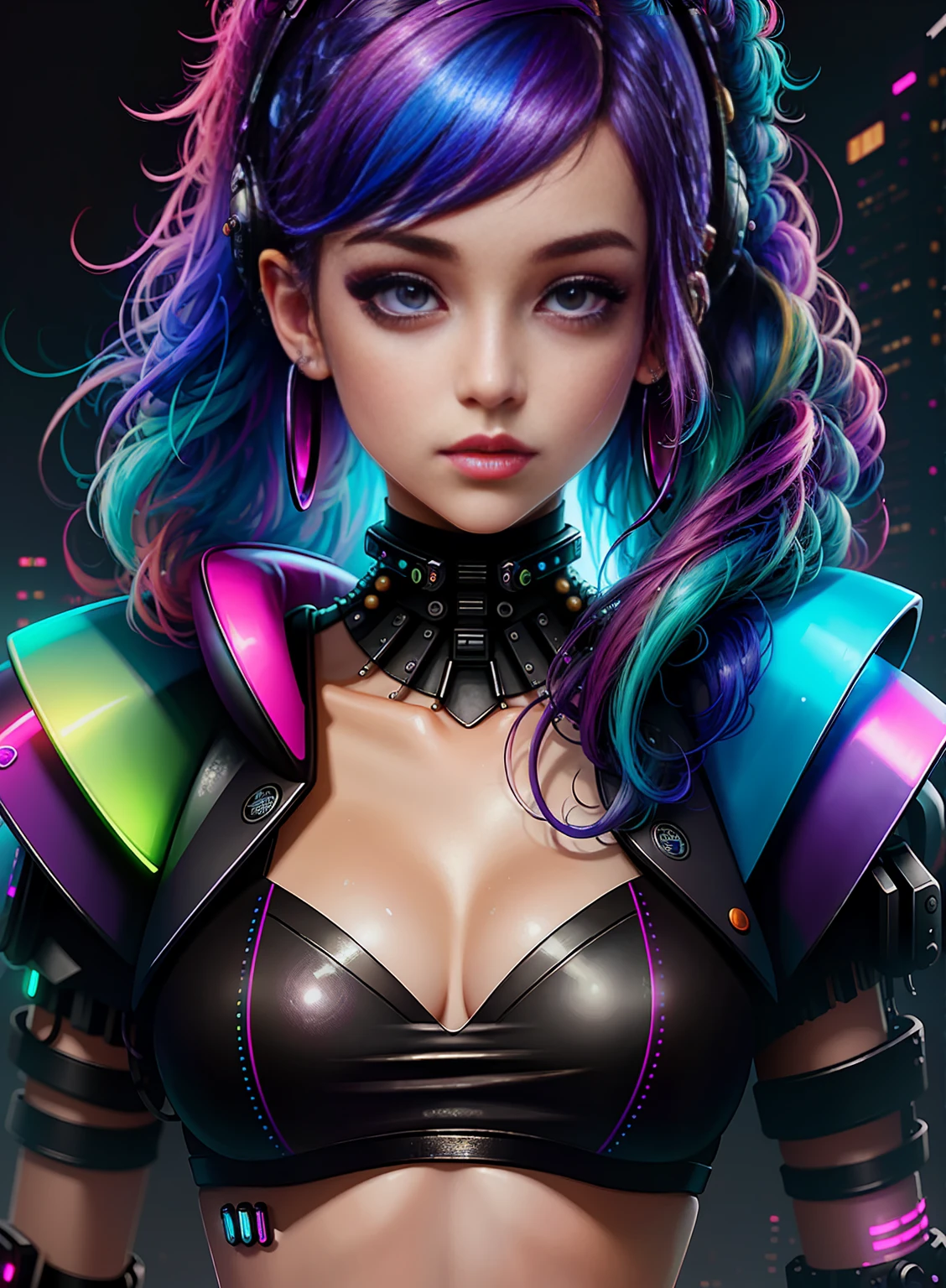 ((best quality)), ((masterpiece)), ((realistic)), (detailed), (1 girl) full body woman with colorful hair and piercings, dreamy cyberpunk girl, 4K high-detail digital art, stunning digital illustration, stunning 8K artwork, colorful digital fantasy art, colorful and dark, beautiful digital artwork, colorful digital painting, cyberpunk digital anime art, girl with luminous wave, 8K HD digital wallpaper art, gorgeous digital painting