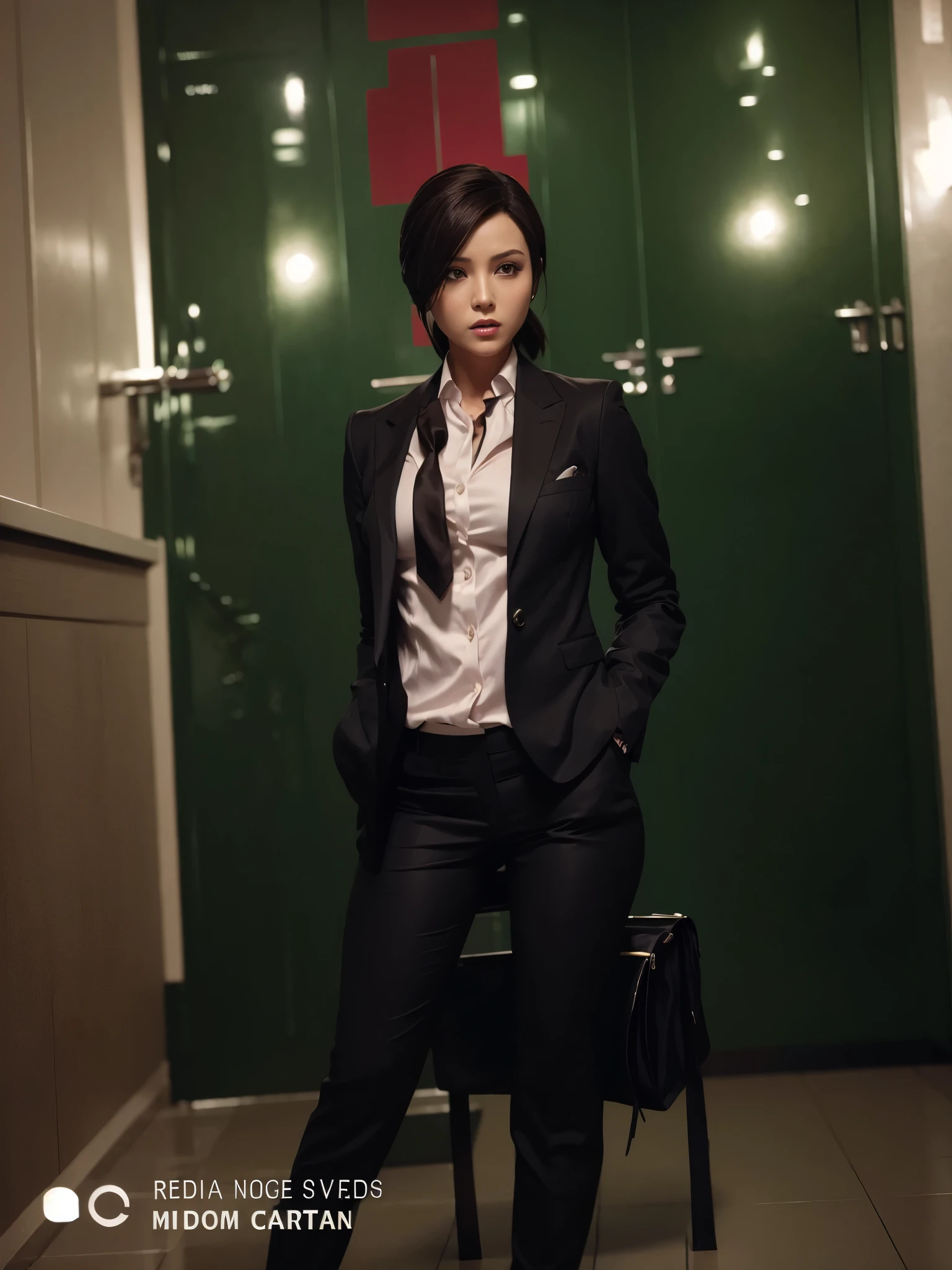 Resident Evil 4, Ada Wong, 1girl, makeup, silky hair, fully clothed, skirt suit, suit and tie, (((three-piece suit))), dress shirt, shirt and tie, necktie, ((blazer)), ((suit jacket)) ((waistcoat)), bodycon miniskirt, pantyhose, tights, stockings, red lipstick, pinstripe suit, high heels, belt, tie clip, pocket square, tailored suit