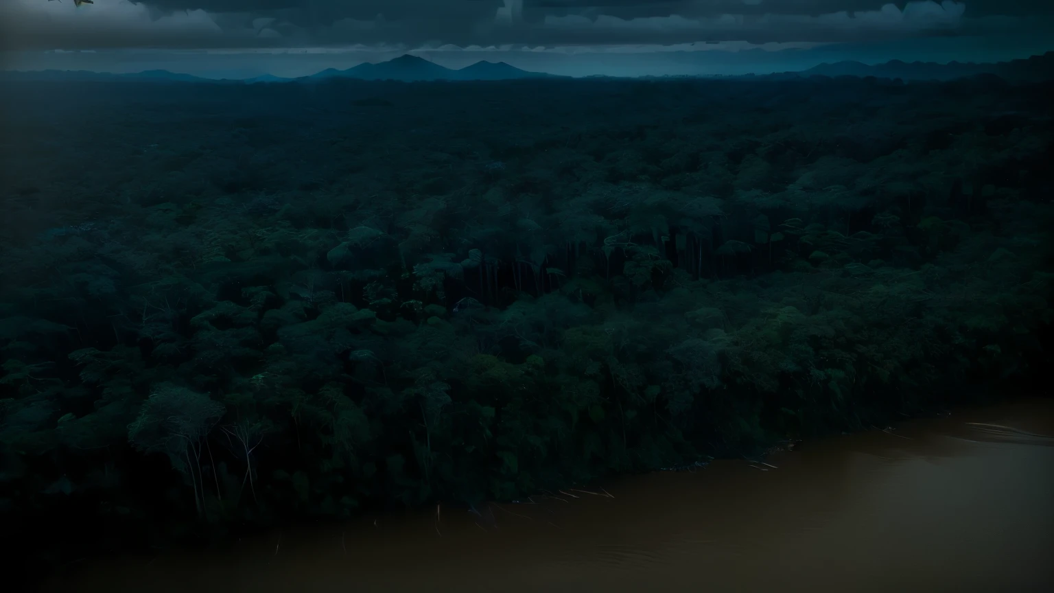 trees are growing along the edge of a river in a jungle in Borneo at night, overlooking a vast serene jungle, the dense lush jungle at night, dark jungle in the background, jungles in the background, dark forest in the background, dark forests surrounding, a deep lush jungle at night, very distant jungle, forest in the background, jungle in the background, flying above a tropical jungle