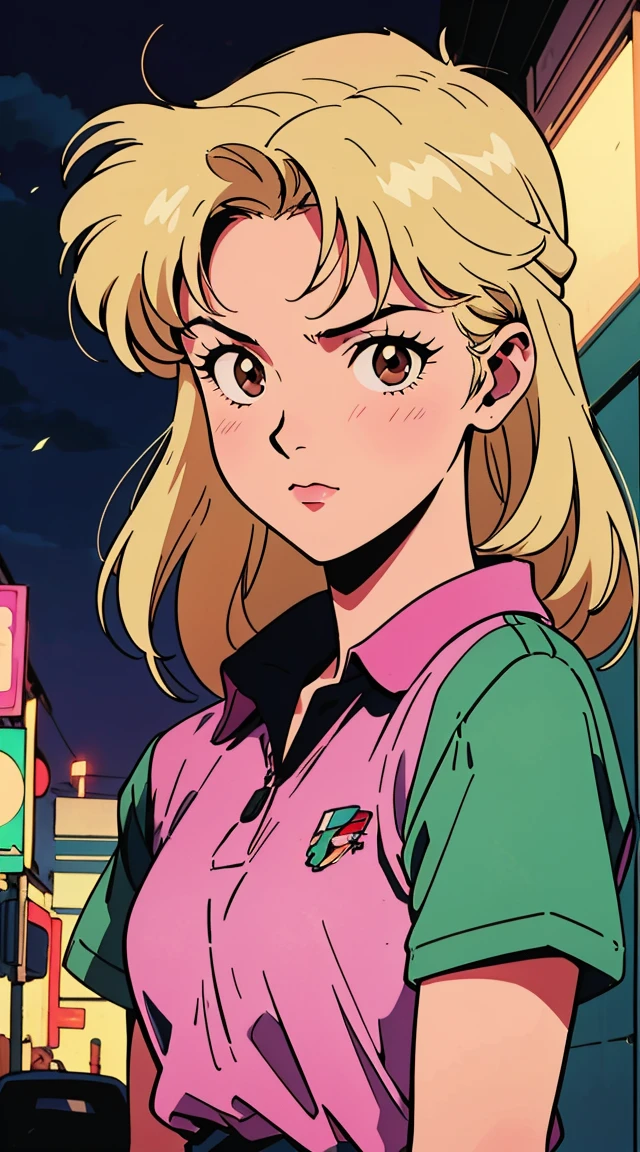 Highest image quality, 90s style anime, 24 year old girl, Misato Katsuragi Style, blonde hair, shoulder-length hair, brown eyes, with a pink polo shirt, night street, 90s street