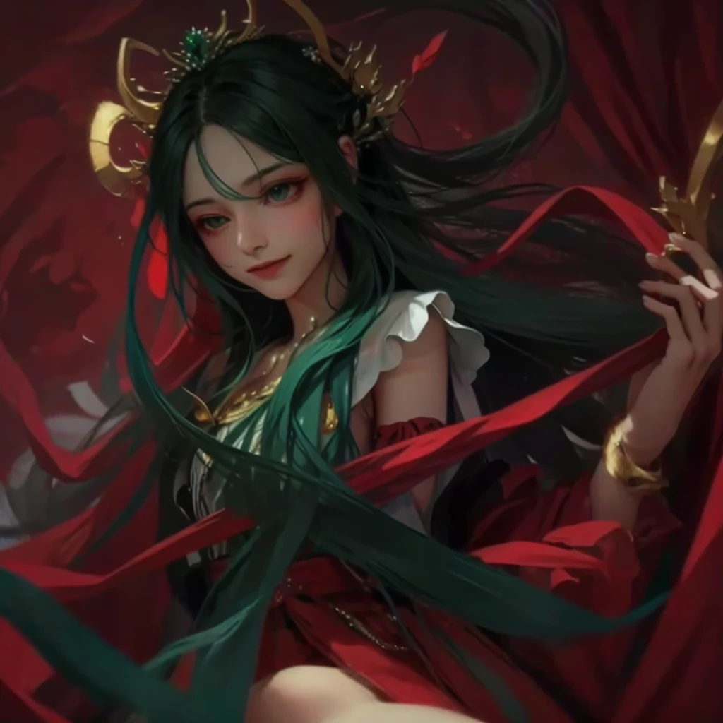 green,a little bit of red,alone,long hair,Fairy,dignified,Smile,gentle,Princess Pan Technique,ribbon