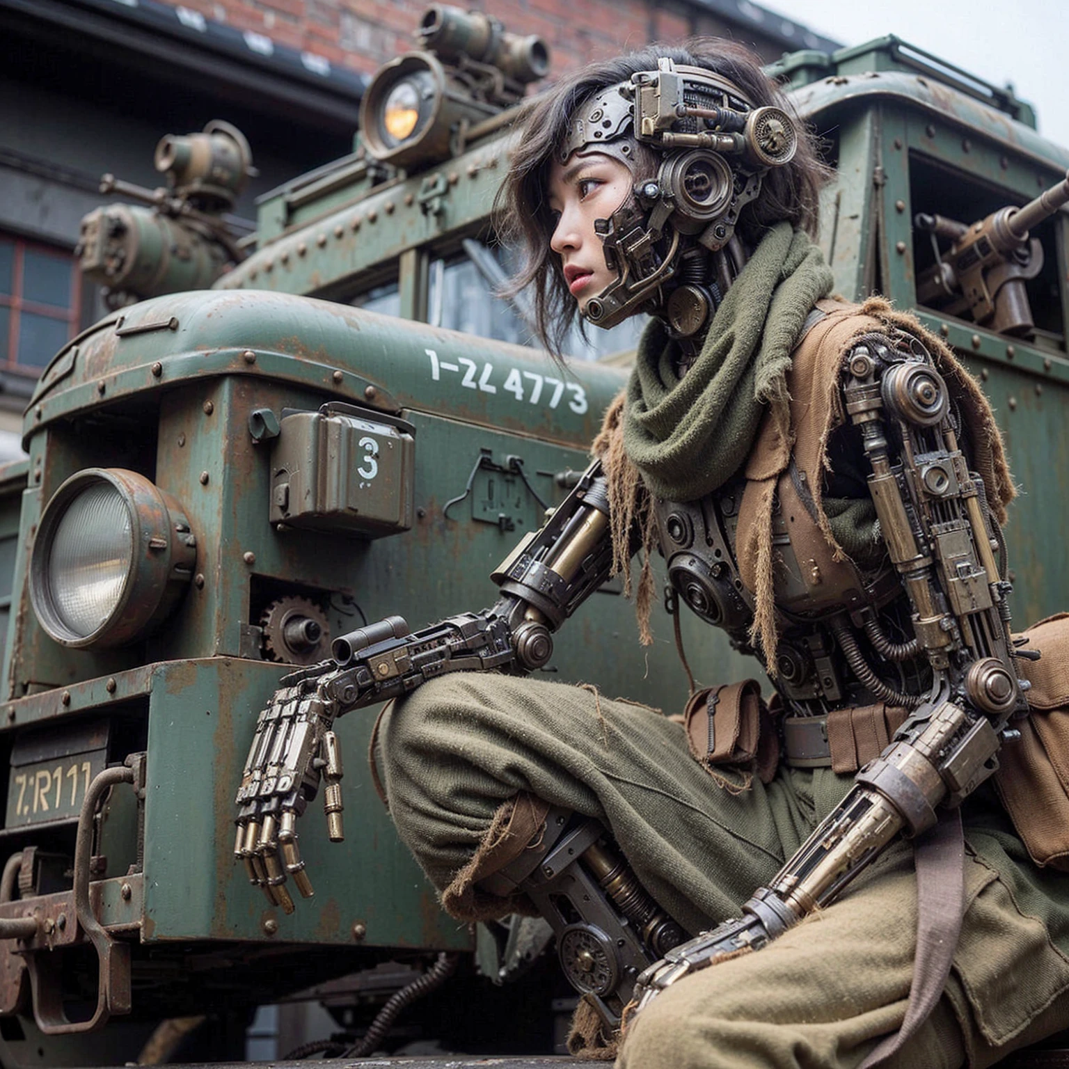 (masterpiece, best quality:1.2), (8k uhd, 16k, 32k, ultra high res), Steampunk, fictional WWII former Japanese Imperial Army armored car and cyborg Japanese female soldier, beautiful face, torn pants, dirty clothes, very intricate details, olive drab paint, peeling paint, weathering, fortress attack, realistic photo, taken with Fuji film X-T30+Nokton. HDR10