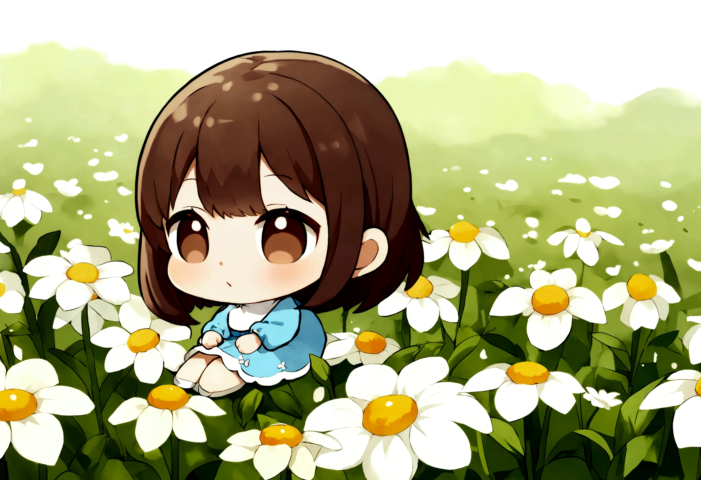 uma garota com cabelo castanho escuro, estilizado em mangas compridas azuis, sentado em um lindo campo de flores brancas. Estilo chibi
