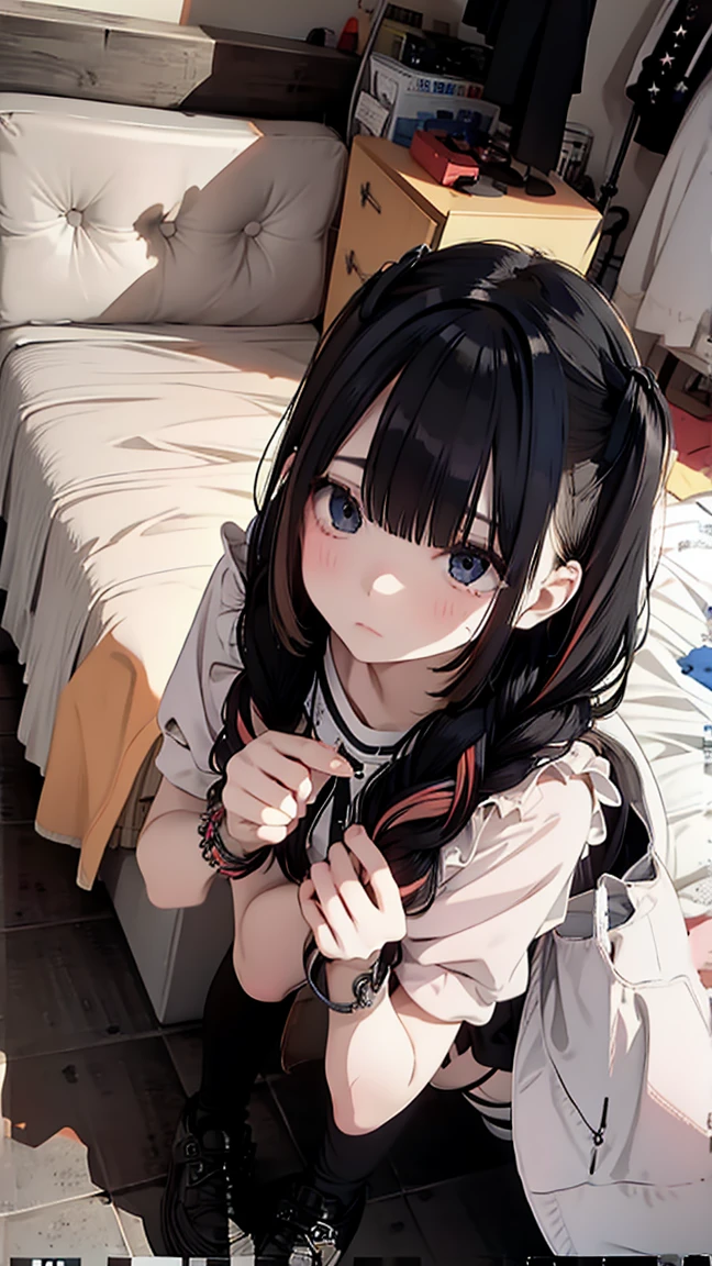 (Highest quality), (masterpiece), 1080p, High resolution, 4K, 8k, spread legs, legs up, Lying on your back, Leg spread, White panties, Underarm, Thigh straps, Shooting from directly above, Nipples, Sweat, Thigh-high socks, To achieve this, 16 years old, Small breasts, whole body, Black leather shoes, Braided hair, Inner Color, Embarrassed face, Short black hair, bracelet, bed room
