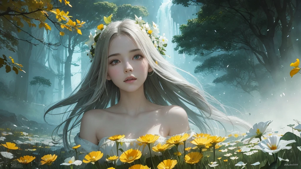32k, Masterpiece, Highest quality, One girl, Detailed eyes, flower,Sandersonia, Yellow and white style,A dreamy, romantic piece,Pale orange, Mysterious Leaves,A playful arrangement,Fantasy,High Contrast,Ink strokes,explosion,Exposure, Impression of yellow and white tones,Abstract,((Watercolours by John Berkey and Jeremy Mann )) Brush strokes,Negative Space, Tyndall effect,