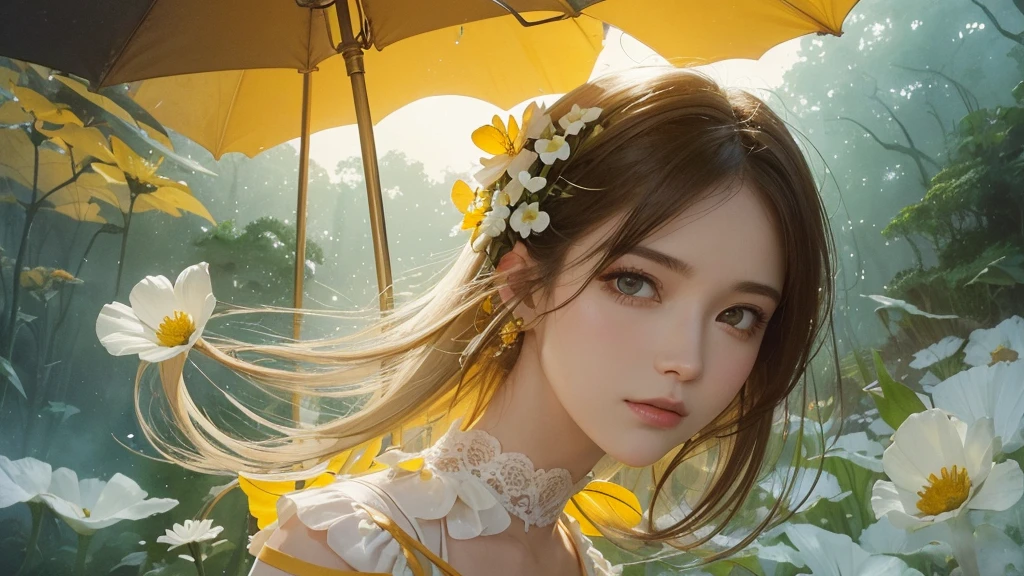32k, Masterpiece, Highest quality, One girl, Detailed eyes, flower,Sandersonia, Yellow and white style,A dreamy, romantic piece,Pale orange, Mysterious Leaves,A playful arrangement,Fantasy,High Contrast,Ink strokes,explosion,Exposure, Impression of yellow and white tones,Abstract,((Watercolours by John Berkey and Jeremy Mann )) Brush strokes,Negative Space, Tyndall effect,