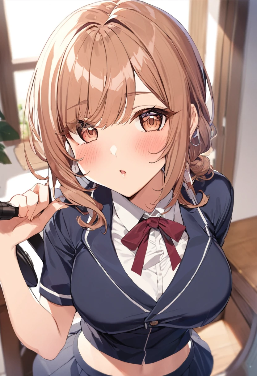 (nsfw),hyperrealistic anime,cute curvy girl,curvy adult body,big breasts,school sweater,bow tie,checked pleated skirt,(tareme),blushed,white panties,brown hair,at home,upskirt,bob hair,gyaru,tanned skin