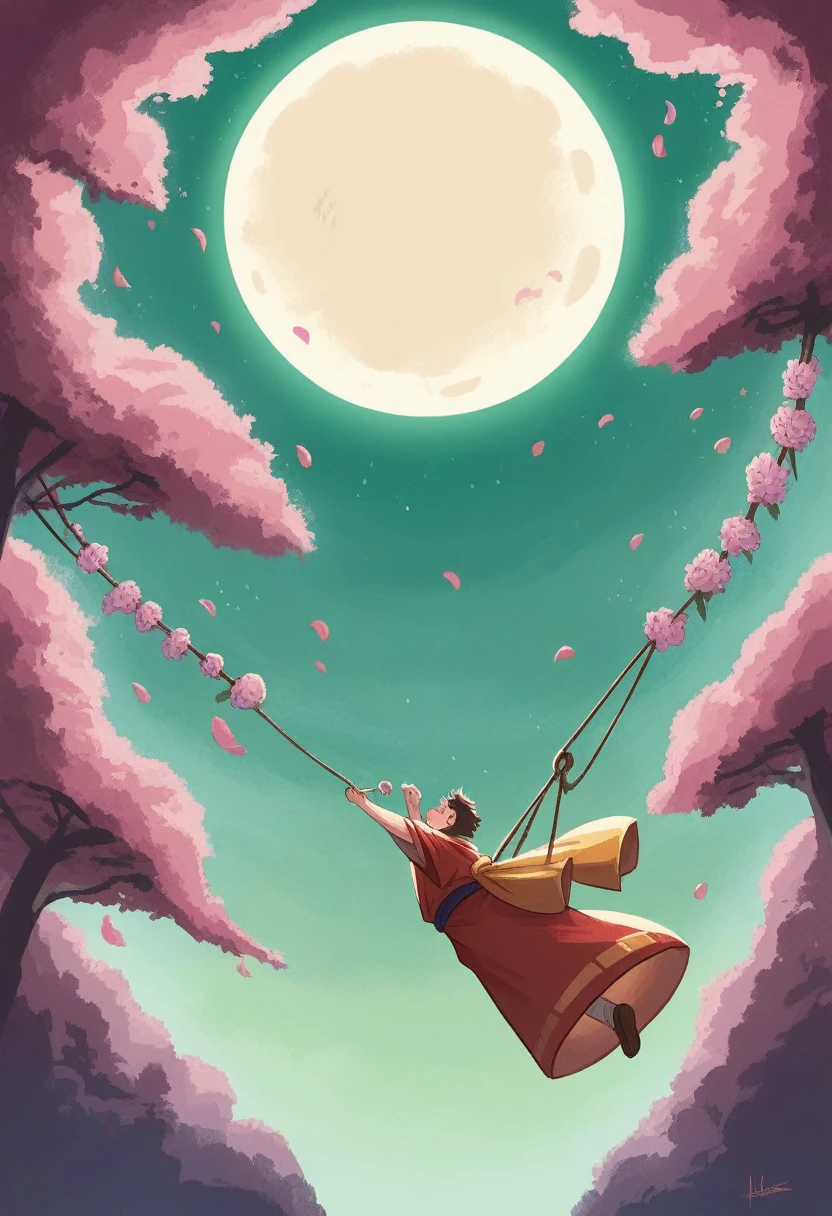 "Un personnage en kimono traditionnel marche dans une rue pavée bordée de maisons japonaises anciennes. Les arbres de cerisiers en fleurs forment une arche au-dessus de la rue, their pink petals floating in the air. The scene is lit by the soft light of hanging lanterns and a bright full moon in a clear night sky. L'atmosphère est paisible et magique, with a mix of warm colors and bluish tones of the night."