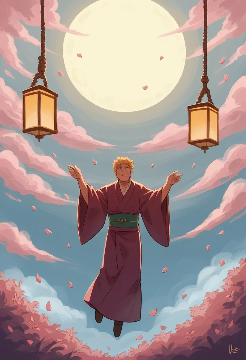 "Un personnage en kimono traditionnel marche dans une rue pavée bordée de maisons japonaises anciennes. Les arbres de cerisiers en fleurs forment une arche au-dessus de la rue, their pink petals floating in the air. The scene is lit by the soft light of hanging lanterns and a bright full moon in a clear night sky. L'atmosphère est paisible et magique, with a mix of warm colors and bluish tones of the night."