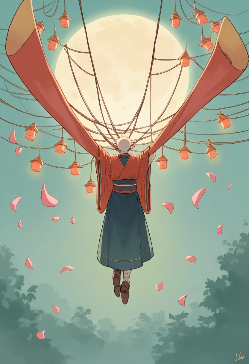 "Un personnage en kimono traditionnel marche dans une rue pavée bordée de maisons japonaises anciennes. Les arbres de cerisiers en fleurs forment une arche au-dessus de la rue, their pink petals floating in the air. The scene is lit by the soft light of hanging lanterns and a bright full moon in a clear night sky. L'atmosphère est paisible et magique, with a mix of warm colors and bluish tones of the night."