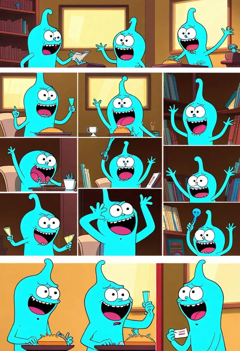 Meeseeks Mayhem Description: Uma estampa cheia de Mr. Meeseeks in various poses of despair, trying to complete impossible tasks.
Detalhes: The Meeseeks are in different stages of frustration, some showing signs of exhaustion and others self-destructing. No fundo, Meeseeks Box elements and chaotic instructions add humor to the scene.
