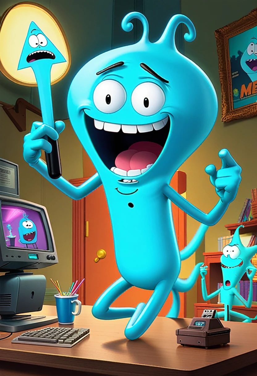 Meeseeks Mayhem Description: Uma estampa cheia de Mr. Meeseeks in various poses of despair, trying to complete impossible tasks.
    Detalhes: The Meeseeks are in different stages of frustration, some showing signs of exhaustion and others self-destructing. No fundo, Meeseeks Box elements and chaotic instructions add humor to the scene.