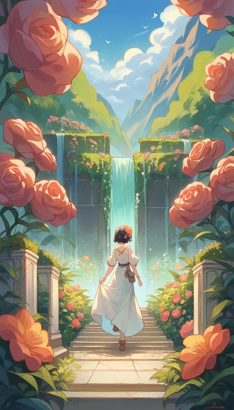 There is a woman walking in a beautiful flower garden with colorful flowers, the surrounding landscape is full of mountains. And there is also a waterfall. Apsara scene