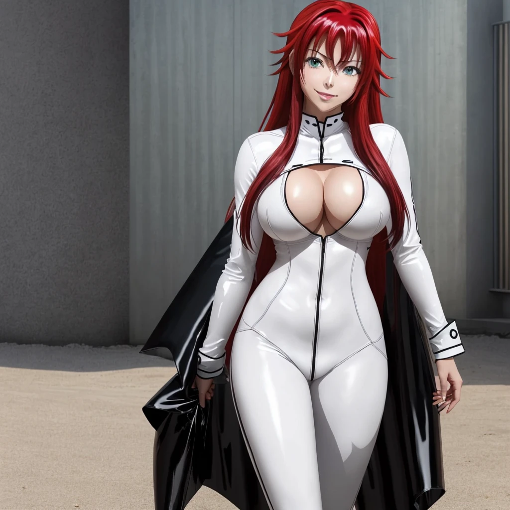 full body solo photograph of (Rias Gremory:1.5), || green eyes, (very long hair:1.2), hair between eyes, (red hair:1.5), ((latex suit), white jeans, black latex suit), cute smile, very large breasts, looking at camera, crystal clear, 8K UHD, highly detailed, glossy eyes, high detailed skin, skin pores, breast milk leaking, hairy vagina