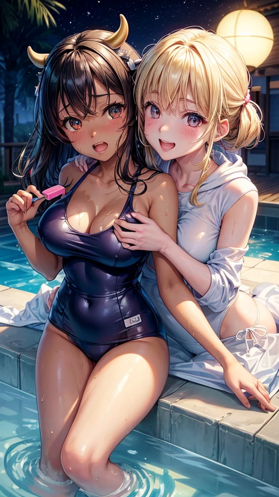 (highest quality)), ((masterpiece)), (Familiar), Perfect Face,Shiny skin,Beautiful breasts,Kyoto Animation style drawing,Shiny skin、hoodie、Sunburned skin、Sweat、Off the shoulder、cow pattern swimsuit、Double teeth
、Young、Big Breasts、Embrace、hot spring、dark skin、close、near、Having popsicles、night、Blonde