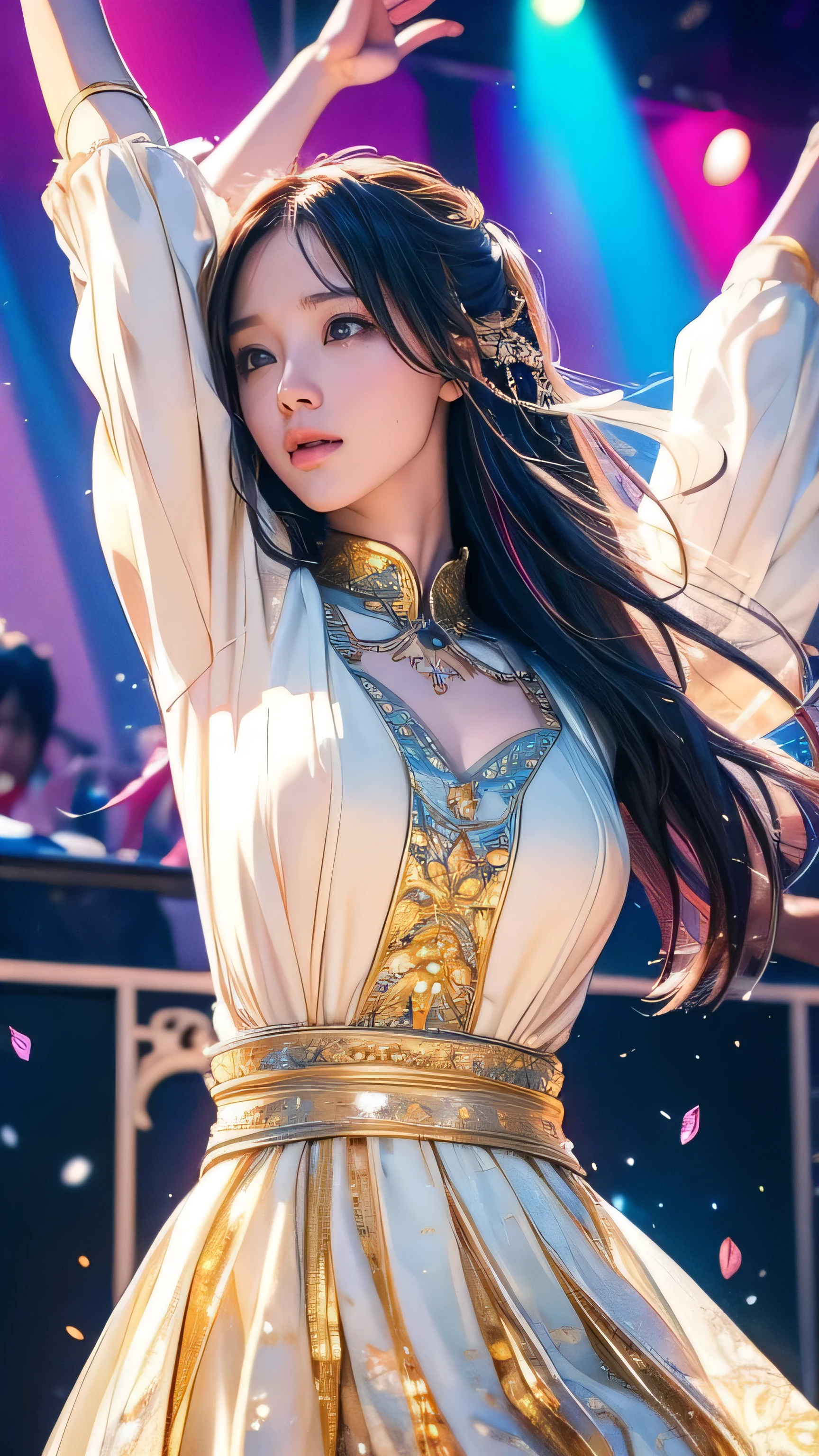 beautiful anime girl, beautiful detailed eyes, beautiful detailed lips, extremely detailed eyes and face, longeyelashes, 1girl, singing and dancing, musical performance, stage, colorful lights, vibrant colors, dramatic lighting, dynamic movement, elegant pose, graceful gestures, ethereal atmosphere, whimsical fantasy, intricate details, vibrant palette, soft focus, dreamlike quality, masterpiece, highest quality, In 8K, Super detailed, High resolution, anime style, absolutely