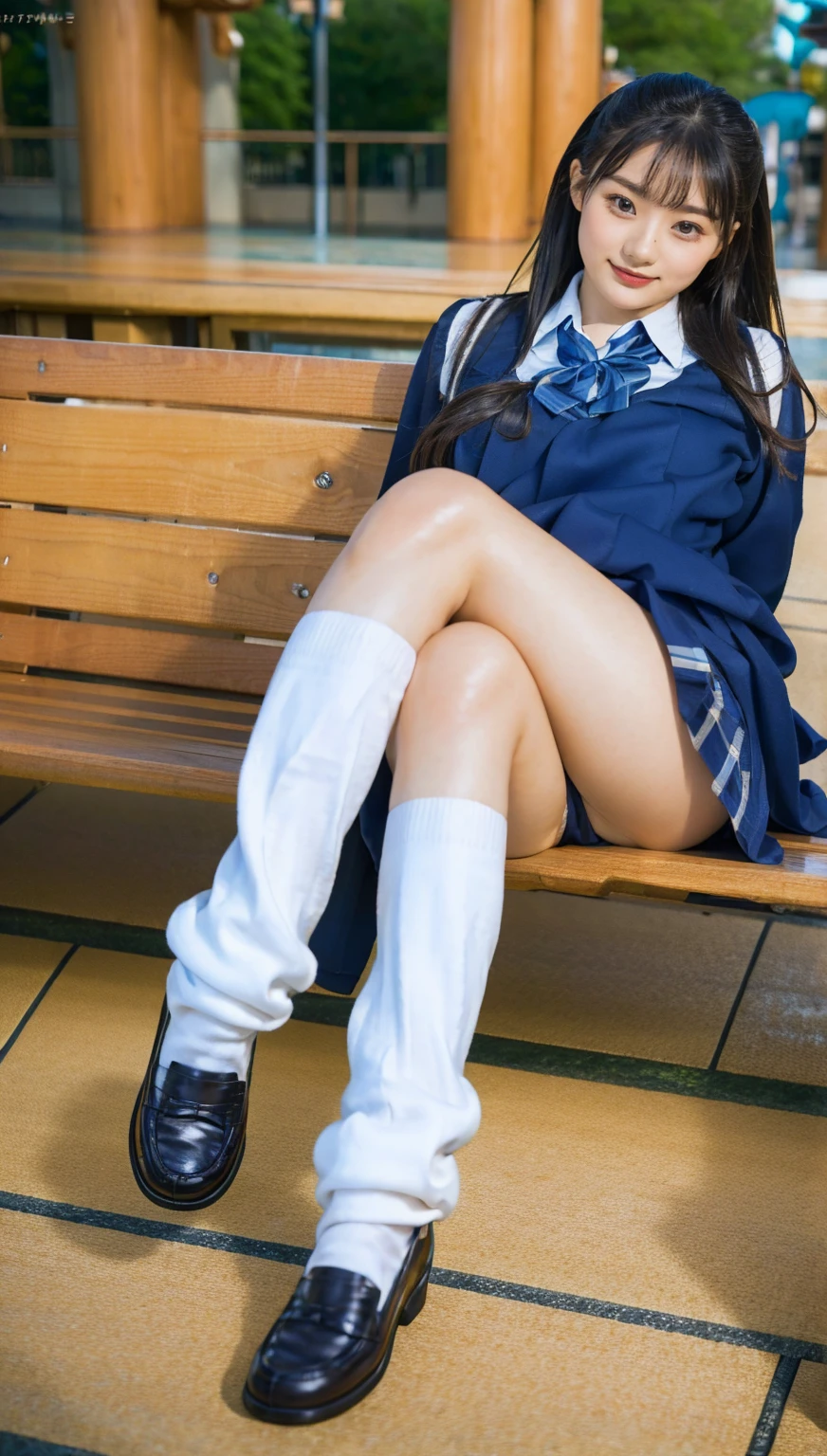 (photorealistic:1.4), best quality, masterpiece, raw 32k photo, (extremely detailed japanese beautiful girl), (extremely detailed eyes:1.2), (cute face:1.2), ultra-detailed, ultra high res, amazing, sitting,
(school uniform:1.5), (full body:1.2), detailed school girl, (disneyland:1.3), beautiful detailed girl, bangs, cute face, miniskirt,loafers, perfect legs, perfect hands,loose socks