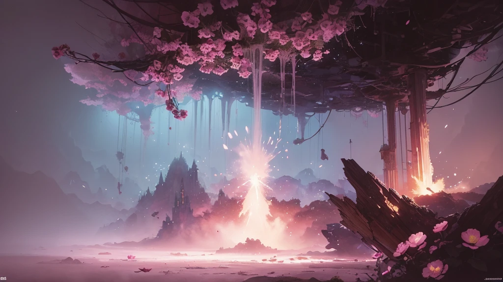 32k, Masterpiece, Highest quality, One girl, Detailed eyes, flower,Sandersonia, Pink and brown style,A dreamy, romantic piece,Pale pink, Mysterious Leaves,A playful arrangement,Fantasy,High Contrast,Ink strokes,explosion,Exposure, Impression of pink and brown tones,Abstract,((Watercolours by John Berkey and Jeremy Mann )) Brush strokes,Negative Space, Tyndall effect,