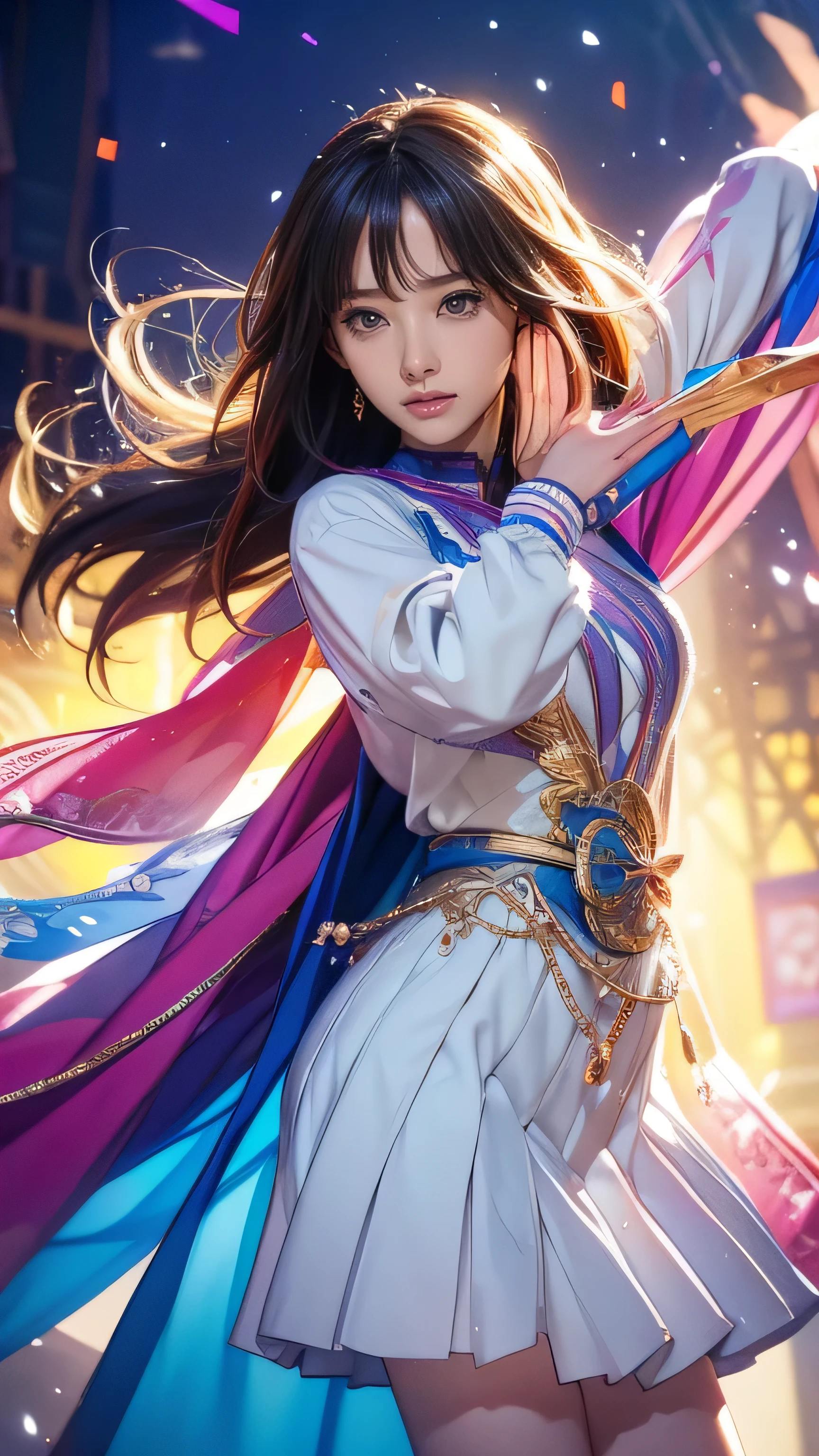 beautiful anime girl, beautiful detailed eyes, beautiful detailed lips, extremely detailed eyes and face, longeyelashes, 1girl, singing and dancing, musical performance, stage, colorful lights, vibrant colors, dramatic lighting, dynamic movement, elegant pose, graceful gestures, ethereal atmosphere, whimsical fantasy, intricate details, vibrant palette, soft focus, dreamlike quality, masterpiece, highest quality, In 8K, Super detailed, High resolution, anime style, absolutely