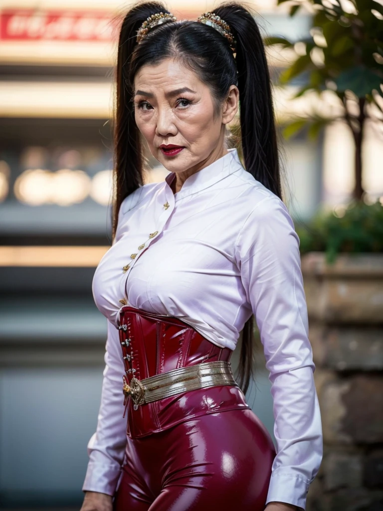 ((best quality)), ((Masterpiece)), (4k details), photorealism, full body, (((Old Asian woman))), ((Age 70)), Plump body, tight red latex leggings, white cotton dress shirt, purple leather waist corset, Big muscles, Twintail hairstyle, Eyes on the camera, red lips"