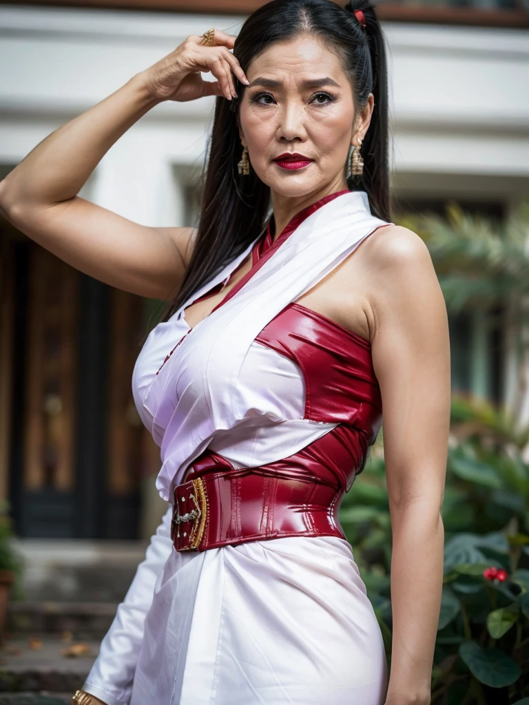 ((best quality)), ((Masterpiece)), (4k details), photorealism, full body, (((Old Asian woman))), ((Age 70)), Plump body, tight red latex leggings, white cotton dress shirt, purple leather waist corset, Big muscles, Twintail hairstyle, Eyes on the camera, red lips"