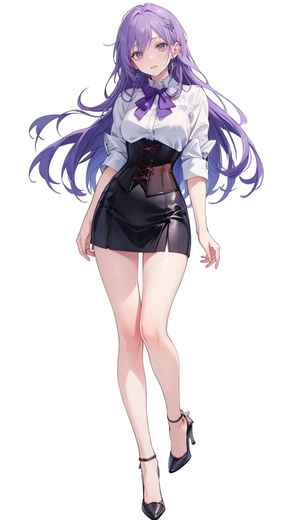 ((Perfect Face)),Purple Hair,Adult female,White shirt,((Shirt with rolled up sleeves)),(((Roll up your sleeves))),((corset)),short skirt,(High heels),((Simple White Background)),((full body)),((Full Body)),