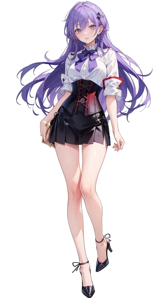 ((Perfect Face)),Purple Hair,Adult female,White shirt,((Shirt with rolled up sleeves)),(((Roll up your sleeves))),((corset)),short skirt,(High heels),((Simple White Background)),((full body)),((Full Body)),