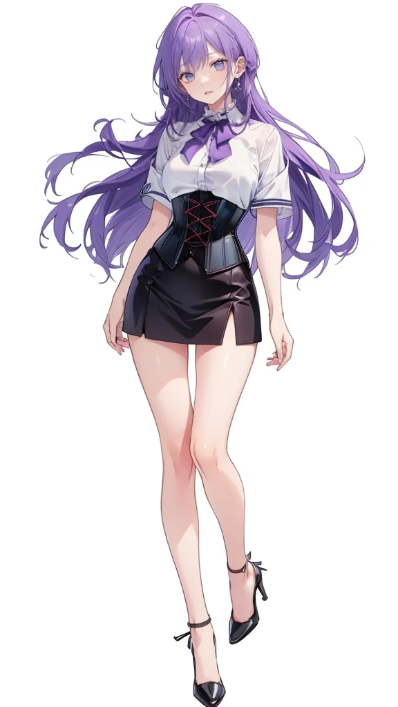 ((Perfect Face)),Purple Hair,Adult female,White shirt,((Shirt with rolled up sleeves)),(((Roll up your sleeves))),((corset)),short skirt,(High heels),((Simple White Background)),((full body)),((Full Body)),
