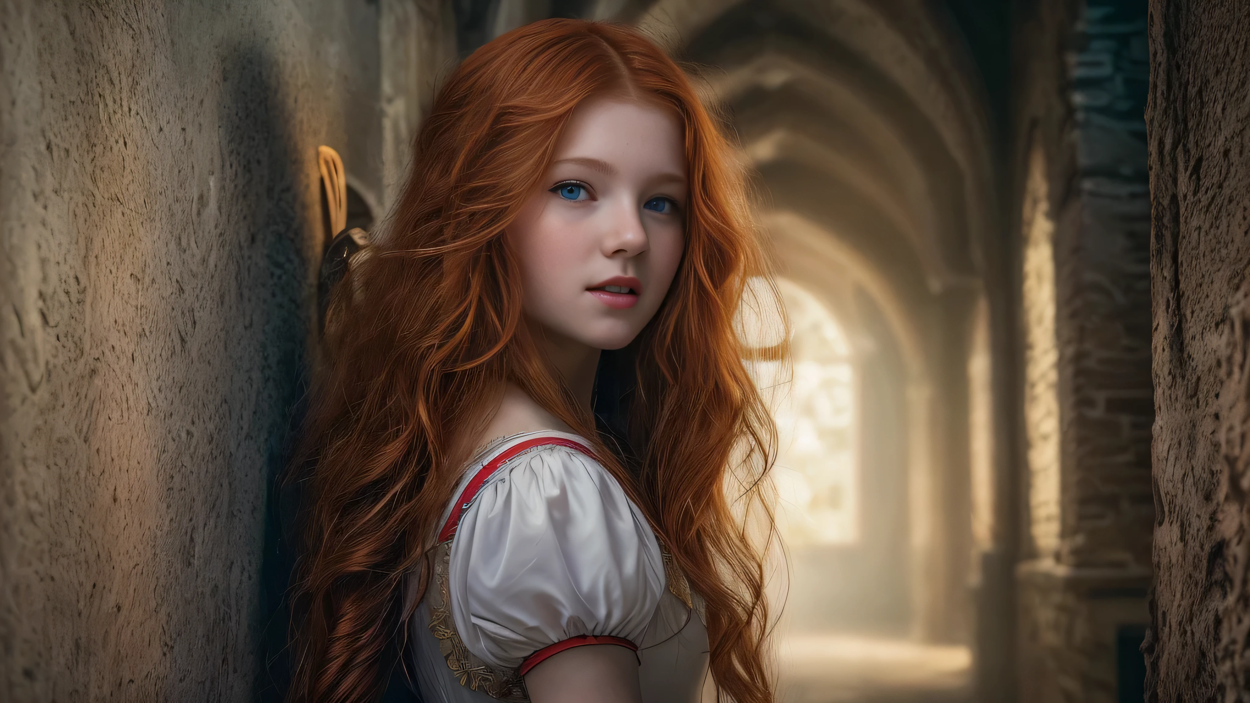 (snow white long ginger hair teen girl,13 years old with spread legs:1.6), (long, messy hair:1.3), blue eyes, detailed eyes, detailed lips,(lies nude, sensual, full body:1.5), (photo different angles:1.5), (lies in a long dark corridor in castle lit by the moon:1.5), (dark mood, creepy, mist, dust,fog:1.5) low neck, ray tracing, (best quality, 4k, 8k, high resolution, masterpiece:1.2), very detailed, (realistic , photorealistic, photorealistic :1.37), HDR, UHD, masterpiece, professional, vivid colors, bokeh, studio lighting,nsfw