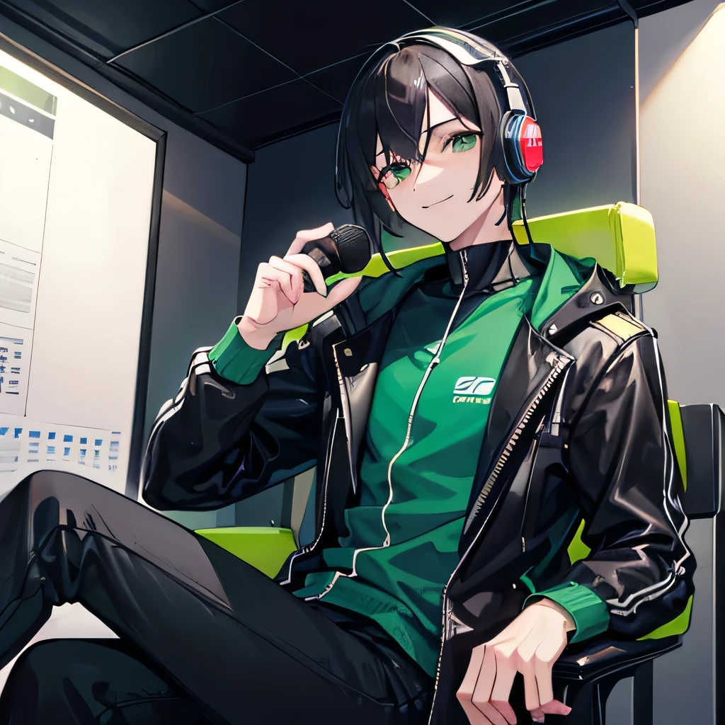 A man with BLACK hair,  Green eyes wearing headphones, sitting in a chair talking into a microphone. He is smiling. Radio personality. Refreshingly cute and handsome.icon Face focus