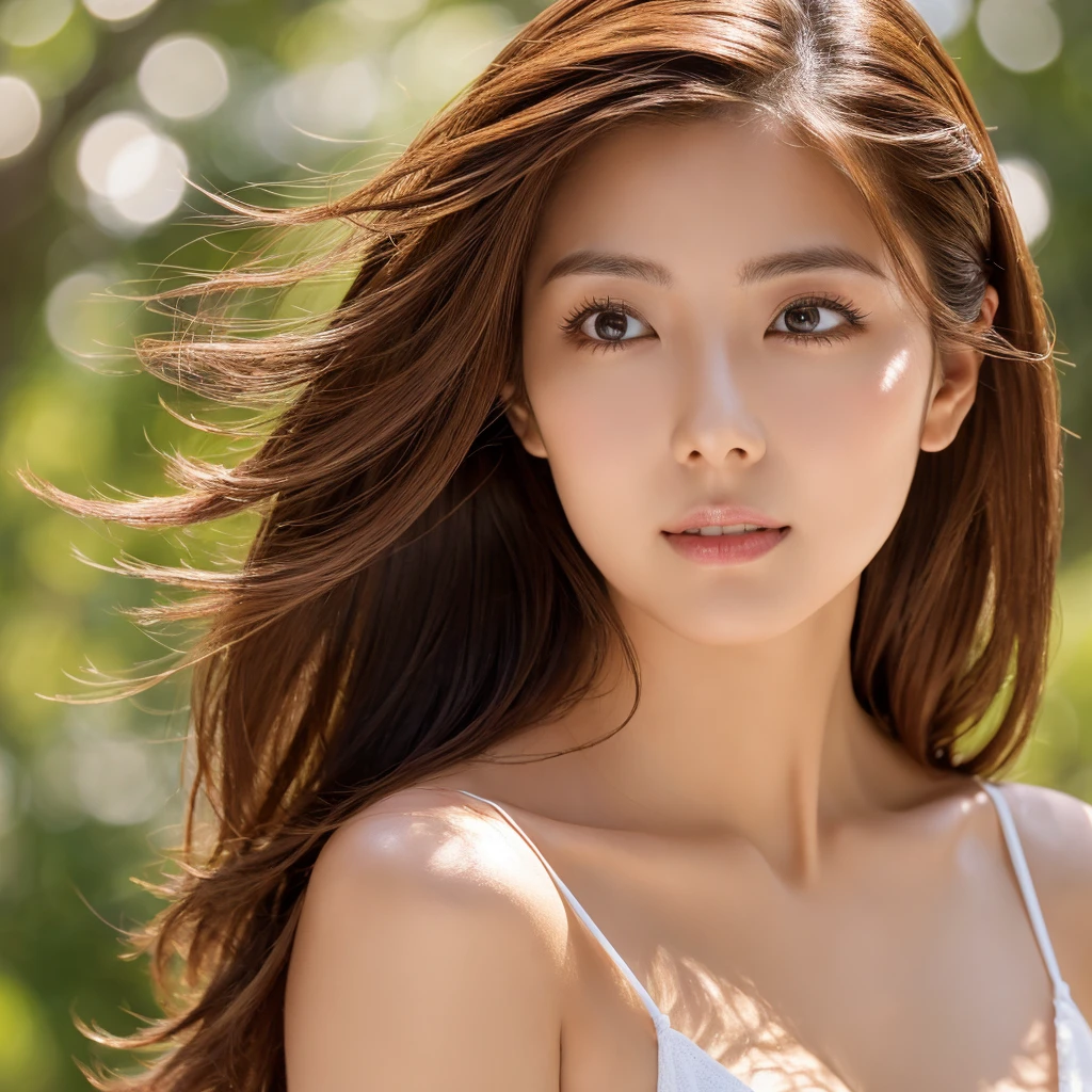 masterpiece、Highest quality、High resolution、Tabletop、wallpaper、Realistic、Bright lighting、Professional Lighting、Face Light、Smooth lighting、Japanese women、Adult female、Beautiful woman、、Modeled、gravure、sexy、so beautiful、Beautiful Skin、Beautiful and detailed、Detailed face、slim、Big Breasts、Cleavage 、Long hair fluttering in the wind、Brunette colored hair、Brown eyes、Looking at the camera、Angle of view that captures almost the entire body